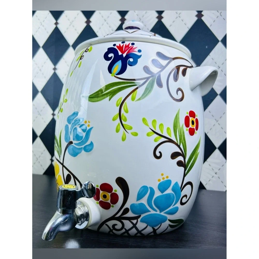 Oversized Floral Drink Dispenser 2 Gallon Ceramic Jardine‎ Drink Server & Lid